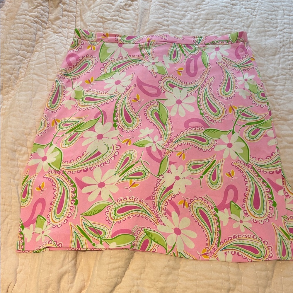 🌴 Lilly Pulitzer VINTAGE silk blend Floral Paisley Pink Green Skirt Side Slits
